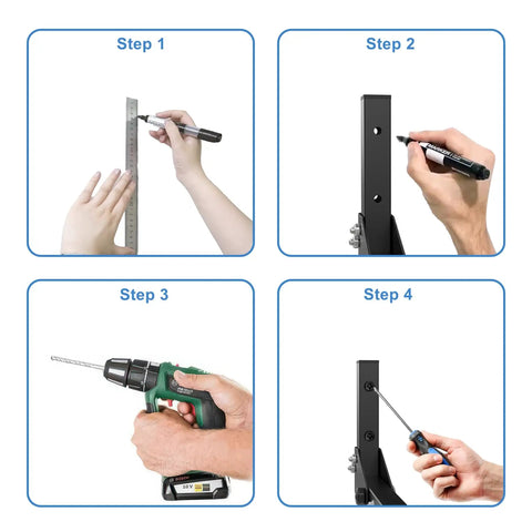 Step-by-step installation guide for Slick Wall Mount Kayak Rack And Universal Garage Storage Hooks with tools and instructions.