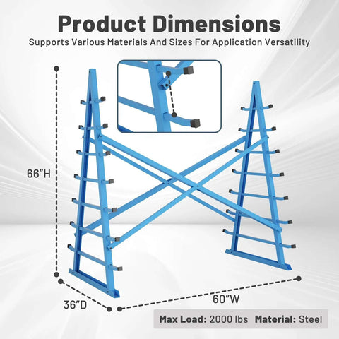 Heavy Duty 2000 Lbs Horizontal Storage Rack With 7 Tier Floor Standing Adjustable Lumber And Pipe Organizer For Garage Workshop Shed Basement Blue For Home And Shop, dimensions shown.