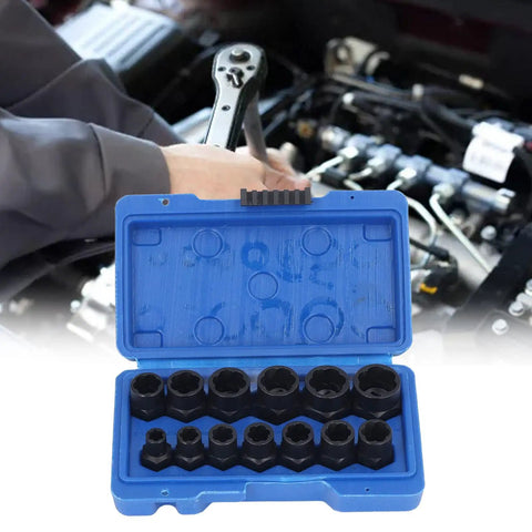 Heavy Duty 13 Piece Impact Nut And Bolt Removal Set Made From Tough Chrome Moly Steel To Pull Out Rusted, Damaged, Or Stripped Fasteners Quickly With Metric Sae Sizes Plus Storage Case For Garage Pros. blue case with 13-piece impact bolt remover sockets in engine bay