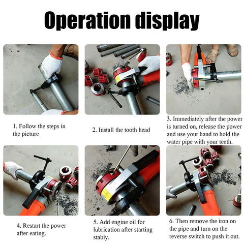 Operation display of Top Shelf Portable Electric Pipe Threader With A Heavy Duty Copper Motor, showing setup steps for threading pipe.