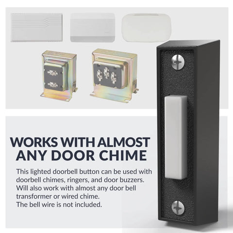 LED Lighted Doorbell Button In Black Plastic, No More Fumbling After Dark, Classic Rectangular Design