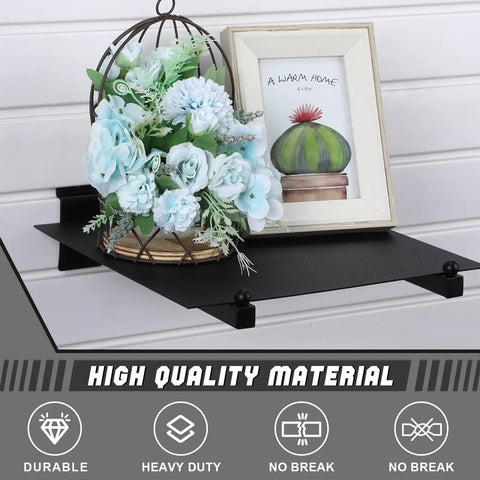 Decorative slat wall shelf with floral arrangement and framed print, showcasing high quality material and durable design