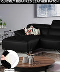 Self Adhesive Leather Repair Patch 8x11 Inch for couches, shown in use on black sofa, easy peel and stick application.