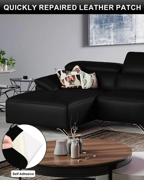 Self Adhesive Leather Repair Patch 8x11 Inch for couches, shown in use on black sofa, easy peel and stick application.