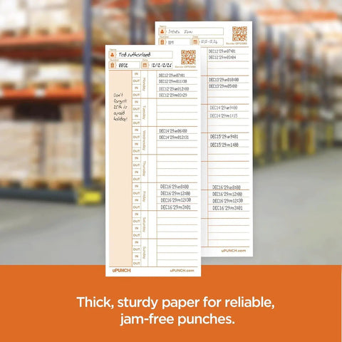 Built Like A Tank Heavy Duty 100 Pack Time Cards For CR1000 Digital Time Clock double sided, thick, precise slots for time tracking.