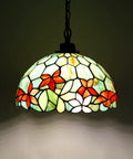 Tiffany Style Stained Glass Pendant Light Plug In Swag Lamp With 32 Inch Chain And 15 Foot Cord, Red Green Floral Glass Shade, 12 Inch Wide