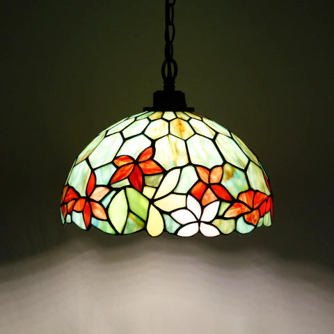 Tiffany Style Stained Glass Pendant Light Plug In Swag Lamp With 32 Inch Chain And 15 Foot Cord, Red Green Floral Glass Shade, 12 Inch Wide