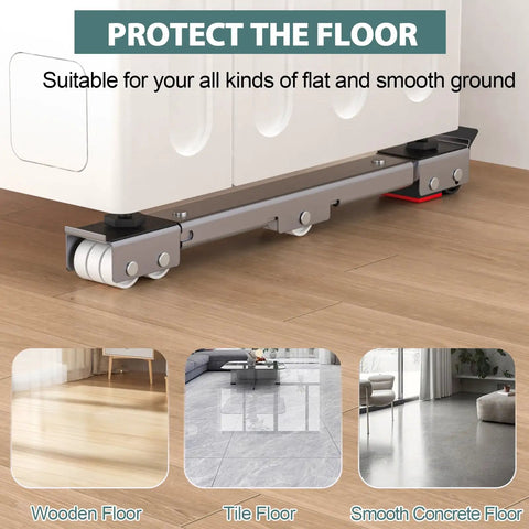 Heavy Duty Appliance Rollers With 36 Inch Extendable Sliders Anti Slip Feet And Lifter Lever Tool under appliance on wood floor
