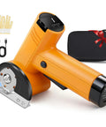 Electric Cordless Scissors With Rechargeable Battery, Power Rotary Cutter For Cardboard Boxes, Carpet, And Leather, Stainless Steel Blade, Cordless Design with gloves, USB, and case.