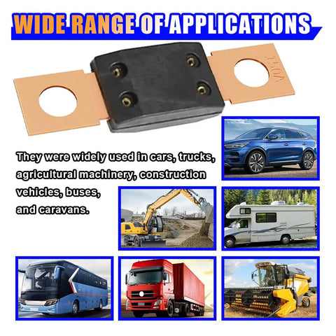 Hardcore 150 Amp 32 Volt MEGA Bolt Down Fuse Heavy Duty Pure Copper High Current Shield For Trucks Boats Rv Trailers And Marine Rides is shown with various vehicle applications.