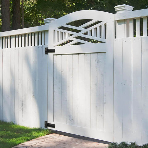 Wooden fence gate with 5 Inch T Strap Shed Door Hinges 260 Lb Capacity 6 Pack Gate Hinges Black Iron for Wooden Fences Barn Doors
