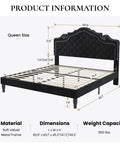 Queen Bed Frame With Fly Velvet Upholstery dimensions and product info diagram, showcasing sleek matte black design.