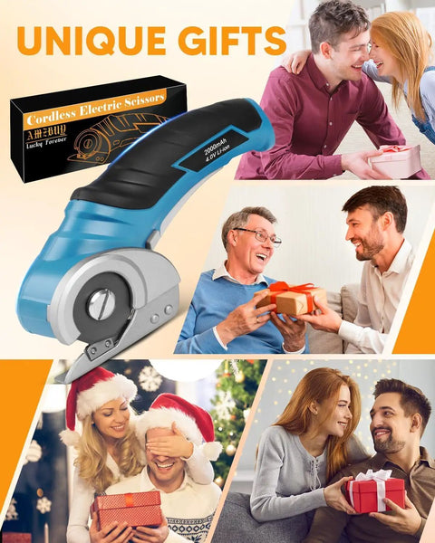 Cardboard Cutter Cordless Electric Scissors For Easy Cardboard And Paper Cuts, 300 RPM, Quarter Inch Cutting Capacity, Self Sharpening Blade, Slices Cardstock, Corrugated, Plastic, Cloth, Leather, Perfect Go To Stocking Stuffers For Men Gift shown with gift box