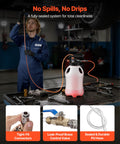 Mechanic using Pneumatic Transmission Fluid Pump 8 L Oil Fluid Extractor And ATF Refill Dispenser with HDPE tank in garage