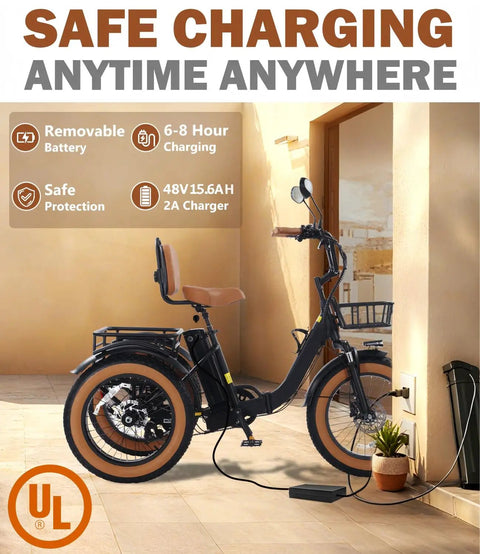 Electric Tricycle For Adults Foldable 3 Wheel With 1350W Peak Motor And 48V 15.6Ah Removable Battery charging on a patio