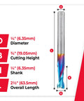 Spektra Extreme Tool Life Coated Solid Carbide Spiral Plunge Router Bit dimensions diagram, highlighted with measurements and specs.