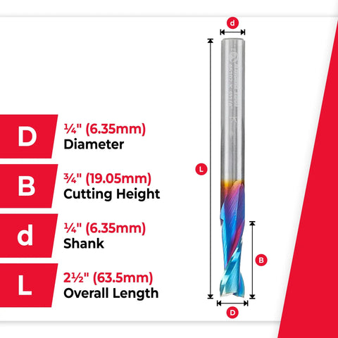 Spektra Extreme Tool Life Coated Solid Carbide Spiral Plunge Router Bit dimensions diagram, highlighted with measurements and specs.