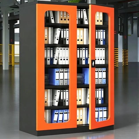 Heavy Duty Rolling Tool Chest And Garage Storage Cabinet Built Like A Tank With Thick Cold Rolled Steel And Multiple Drawers For Serious Shop Organization And Gear Safety On The Daily, showcasing orange and black storage unit with folders.