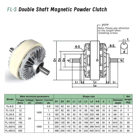 Diagram and specifications of FL-S Double Shaft Magnetic Powder Clutch for Heavy Duty Magnetic Powder Clutch And Brake Tension Controller Kit 6 12 50 100 Nm 0.6 1.2 5 10 Kg DC 24V 1000 RPM Built Tough Plug And Play For Industrial Motors And Automation.