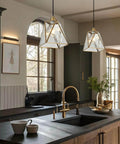Copper Brass Pendant Light With Water Ripple Glass Lampshade, 10.2 Inch Geometric Pendant Lighting installed over kitchen island