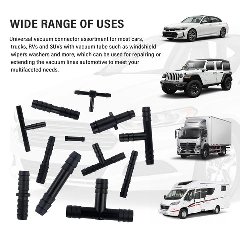 64-piece silicone vacuum hose connector kit; black barbed fittings in assorted sizes for automotive vacuum lines
