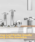 Premium Furniture Fastener Kit Contains 10 Pieces Of 12 Millimeter Flat Head Hex Cap Bolts Paired With Steel Barrel Nuts And Included Allen Wrench shows steel bolts secured in wood for strong connections.