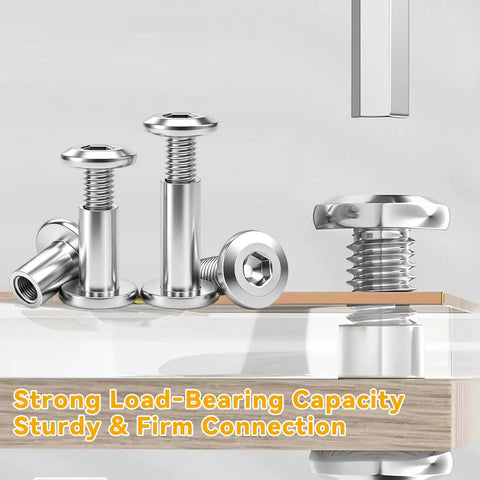 Premium Furniture Fastener Kit Contains 10 Pieces Of 12 Millimeter Flat Head Hex Cap Bolts Paired With Steel Barrel Nuts And Included Allen Wrench shows steel bolts secured in wood for strong connections.