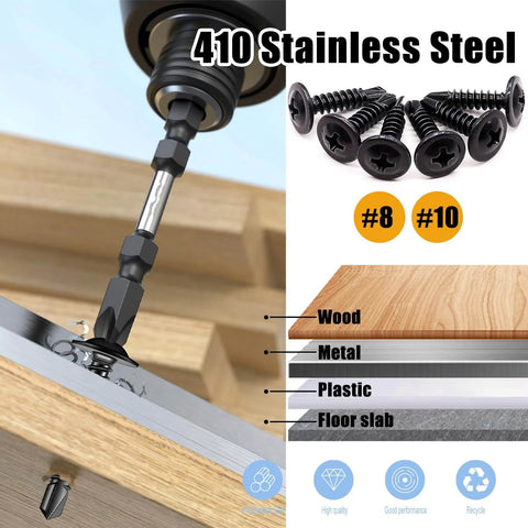 Self Tapping And Self Drilling Screws For Metal Kit In 410 Stainless Steel With Black Oxide Truss Head And Rubber Washer, in use on wood and metal layers