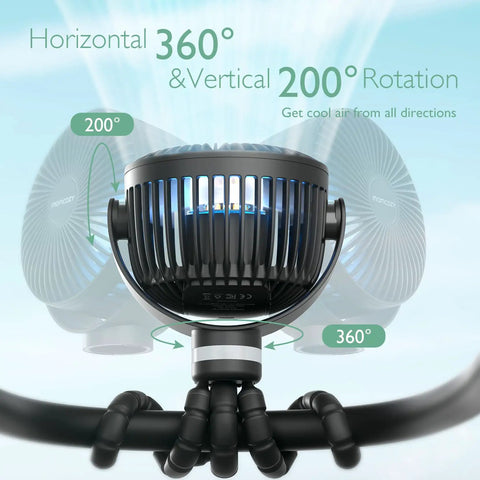 8000mAh Portable Stroller Fan With Ultra Long Battery Life, Detachable Four Speed, 360 Degree Rotation, USB Rechargeable Handheld Cooling Fan