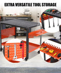 Heavy Duty Steel Welding Table With Wheels, 36 By 24 Inch Rolling Workbench For Garage And Workshop featuring tool storage and pegboard.