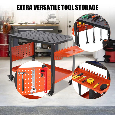 Heavy Duty Steel Welding Table With Wheels, 36 By 24 Inch Rolling Workbench For Garage And Workshop featuring tool storage and pegboard.