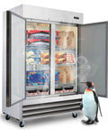 Heavy Duty 47 Cubic Foot Commercial Upright Freezer Double Door Stainless Steel Reach In Unit For Restaurants Bars And Shops with ice cream and fish inside.