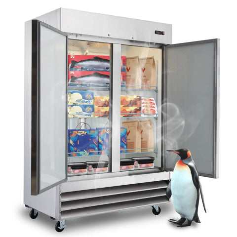 Heavy Duty 47 Cubic Foot Commercial Upright Freezer Double Door Stainless Steel Reach In Unit For Restaurants Bars And Shops with ice cream and fish inside.