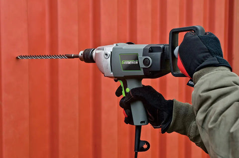 Person using Heavy Duty 9.0 Amp Variable Speed Drill With Lock-On Button Three-Position Auxiliary Handle Two-Position Spade Handle 1/2-In Chuck Chuck Key And 2 Year Warranty Perfect For Mixing Drywall Mud Paint Thin-Set Wood Metal on wall