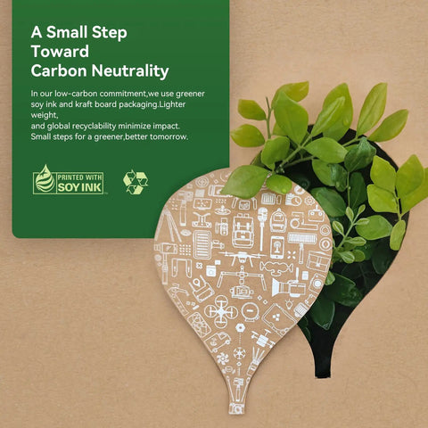 Eco-friendly packaging design promoting carbon neutrality with leafy cutout and soy ink certification symbol.