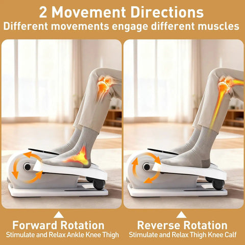 Under Desk Elliptical Pedal Exerciser For Home Office showing forward and reverse rotation for leg muscles.