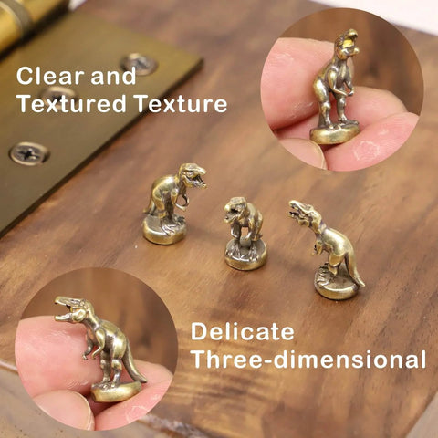 Magnetic Hinge Head T Rex Set Of 3 Miniature Door Topper Figures for Standard Hinges, copper dinosaur decor on wood surface.