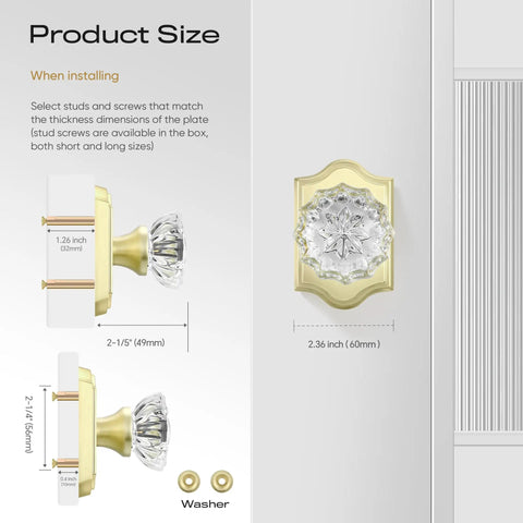 Gold Finish Single Sided Push Pull Door Handle Set 4 Pack Non Locking Heavy Duty Zinc Alloy Easy Install For Cabinets Closets And Interior Doors With Sleek Crystal Look, 2.36 inch