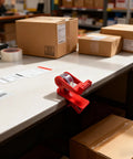 Versatile Adjustable Tape Dispenser With Precision Ribbon Cutter And Tough Locking Clip For Boss Mode Desk Organization, red on desk.