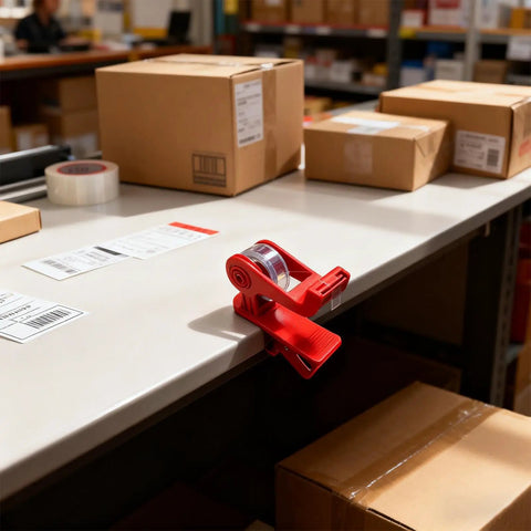 Versatile Adjustable Tape Dispenser With Precision Ribbon Cutter And Tough Locking Clip For Boss Mode Desk Organization, red on desk.