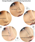 Instructional image showing steps to change a threadless nose piercing using a Titanium Insertion Taper Pin Kit Three Pack 20G 18G 16G.