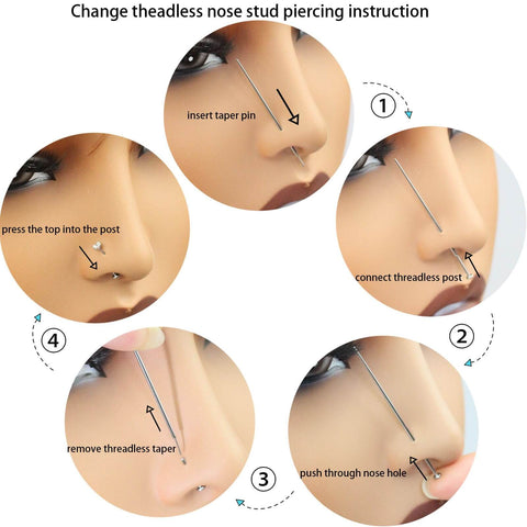 Instructional image showing steps to change a threadless nose piercing using a Titanium Insertion Taper Pin Kit Three Pack 20G 18G 16G.