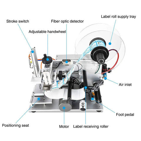 Heavy Duty Semi Automatic Flat Surface Labeler with adjustable handwheel and label roll supply tray on a workshop bench.
