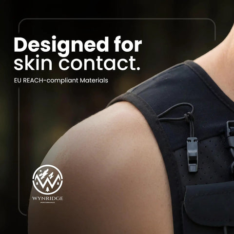 Close-up of black Hydration Running Vest With 8 Pockets And 17 Oz Flask For Men And Women Reflective Lightweight Neoprene Pack.
