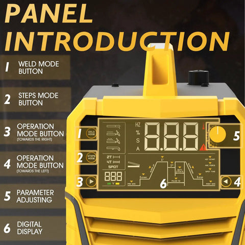 Control panel for 5 In 1 Portable Welding Machine With Cut HF TIG Pulse TIG Spot Weld And Stick, 50A Plasma Cutter, 200A TIG Welder, 180A Stick Welder