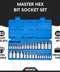 Open blue case displaying All In One Hex Bit Socket Set 33 Piece SAE and Metric Allen Bits for Ratchets and Hand Tools.