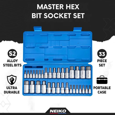 Open blue case displaying All In One Hex Bit Socket Set 33 Piece SAE and Metric Allen Bits for Ratchets and Hand Tools.
