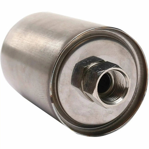 Close-up of stainless steel fuel filter, compatible with Chevy GMC Cadillac Buick, showing plug threading.