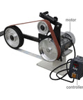 Heavy Duty Belt Sander With Easy Adjust Speed Control And Three Swappable Grinding Wheels For Pro Knife Resharpening And Wood Polish Work, featuring motor and controller.