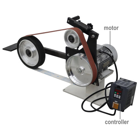 Heavy Duty Belt Sander With Easy Adjust Speed Control And Three Swappable Grinding Wheels For Pro Knife Resharpening And Wood Polish Work, featuring motor and controller.